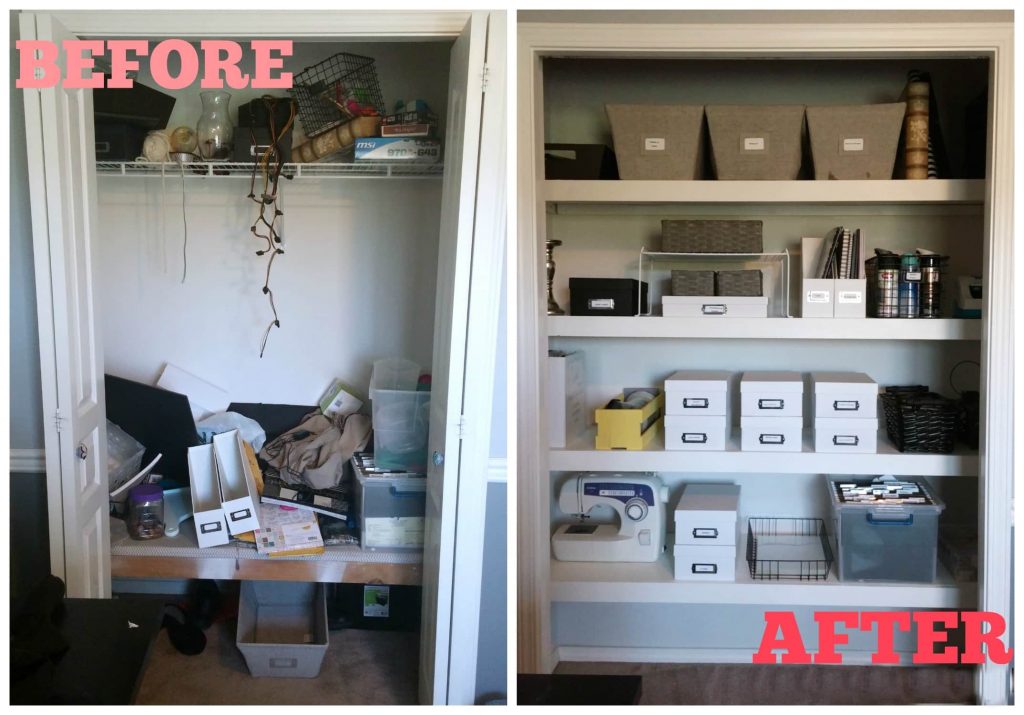 Craft Closet Floating Shelves Before and After