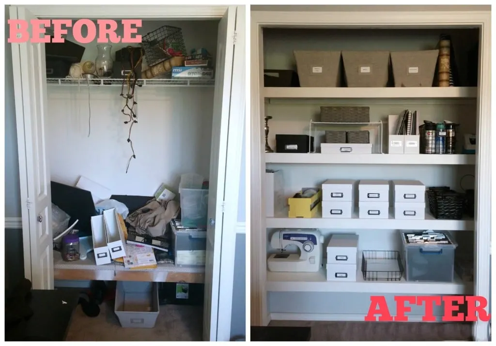 Craft Closet Floating Shelves Before and After