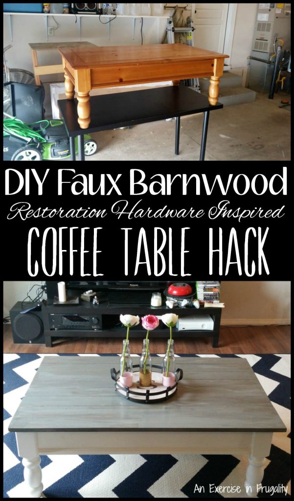 DIY Faux Barnwood Coffee Table Hack Turn an old, dated coffee table into a fresh new conversation piece for your living room! This was really simple to do, and totally changed the look of our decor. rustic | farm style | farmstyle | Restoration Hardware | inspired | DIY | hack | sofa | barn wood |
