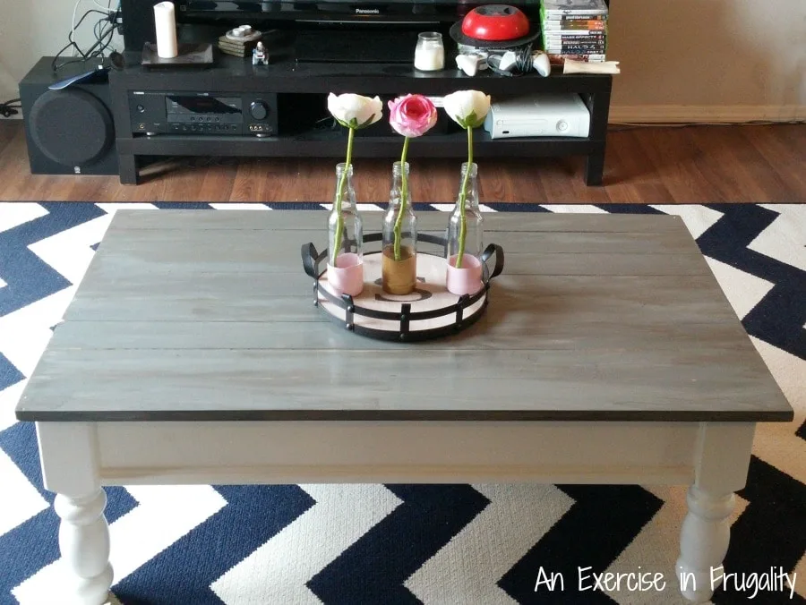 DIY Faux Barnwood Restoration Hardware Inspired Coffee Table Hack Turn an old, dated coffee table into a fresh new conversation piece for your living room! This was really simple to do, and totally changed the look of our decor. rustic | farm style | farmstyle | Restoration Hardware | inspired | DIY | hack | sofa | barn wood |