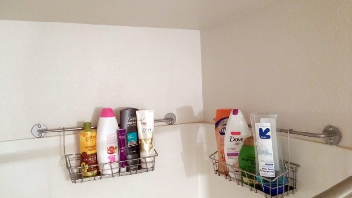 How to Organize Your Shower with a Spice Rack-How on earth does a spice rack help keep my shower organized? You might be surprised! This is cheap and easy and is the perfect organization solution for small bathrooms! Genius!