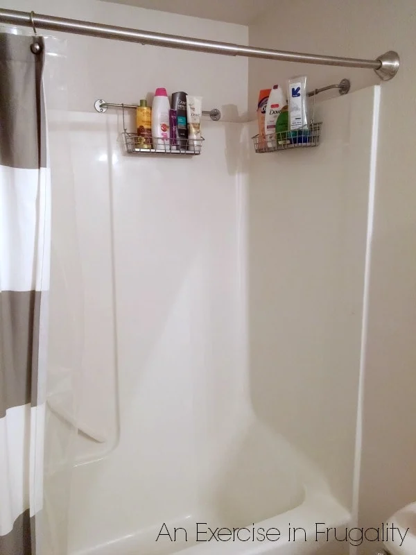 How to Organize Your Shower with a Spice Rack-How on earth does a spice rack help keep my shower organized? You might be surprised! This is cheap and easy and is the perfect organization solution for small bathrooms! Genius!