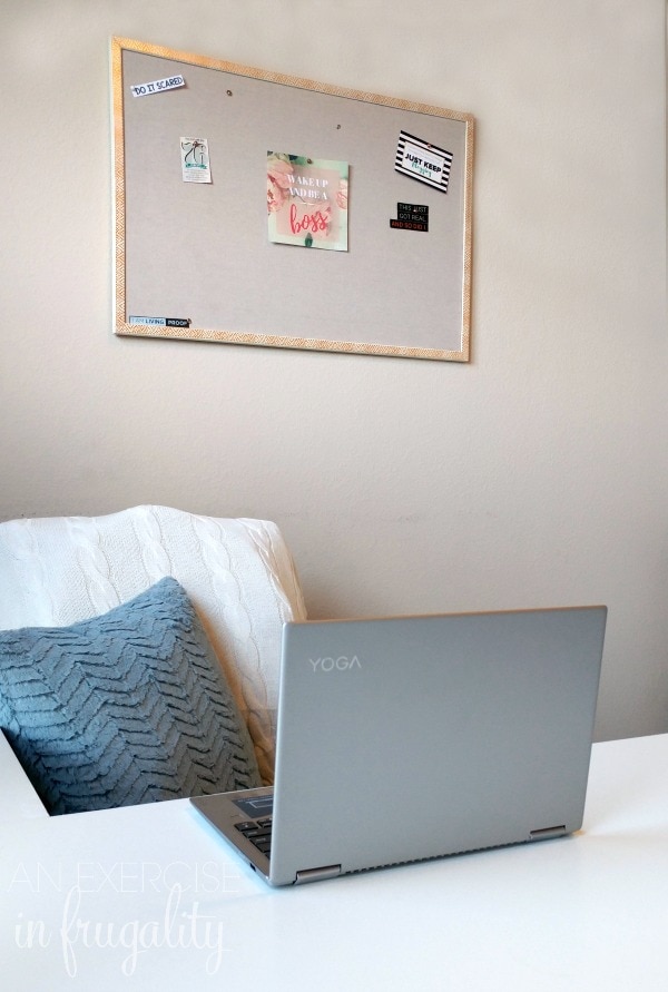 Refresh your office and your tech like a boss! This home office reveal shares my organizing tips for your workspace and your technology. Come see a sneak peek of what a blogger's office looks like, as well as some tips for organizing office and crafting supplies AND a free inspirational wall art printable for your vision board! #LoveYourPC ad 