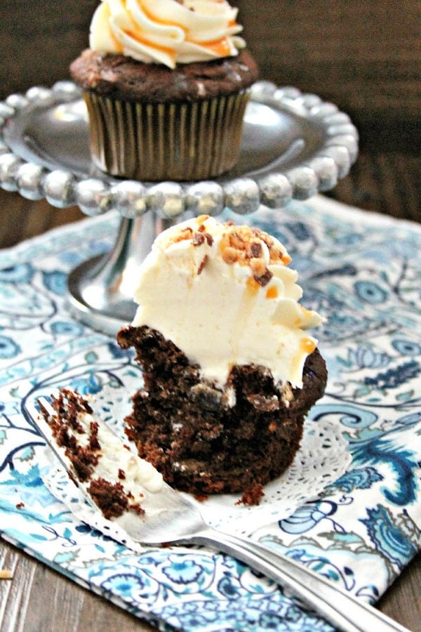 chocolate toffee cupcake on a plate