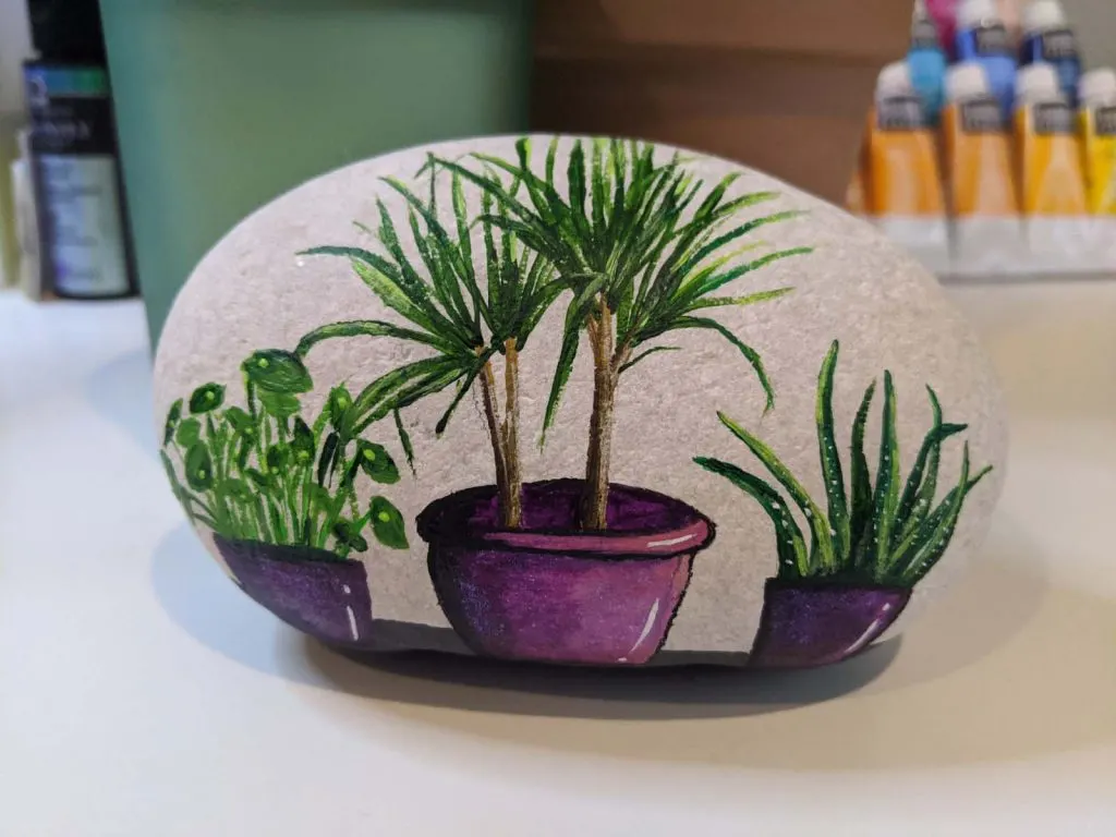 ivory painted rock with three house plants in purple pots