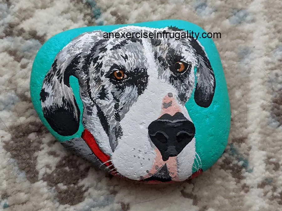 rock painted teal with black and white great dane face