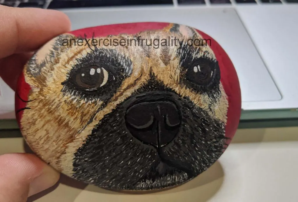 painted rock with a french bulldog face and red background